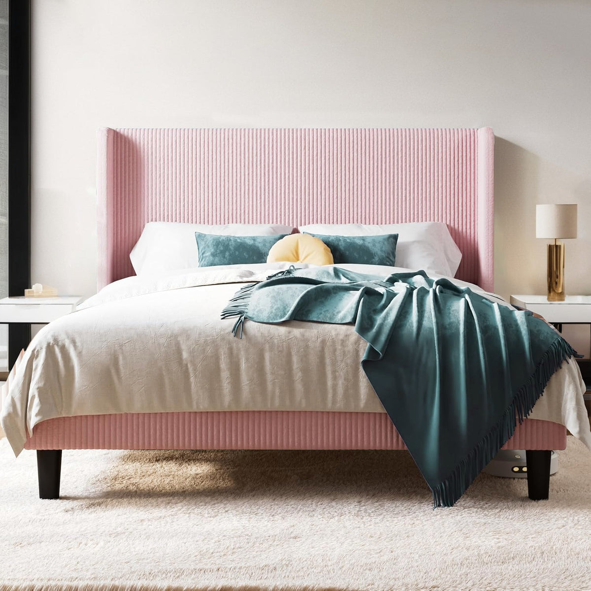 Corduroy Velvet Upholstered Bed with Wingback Headboard