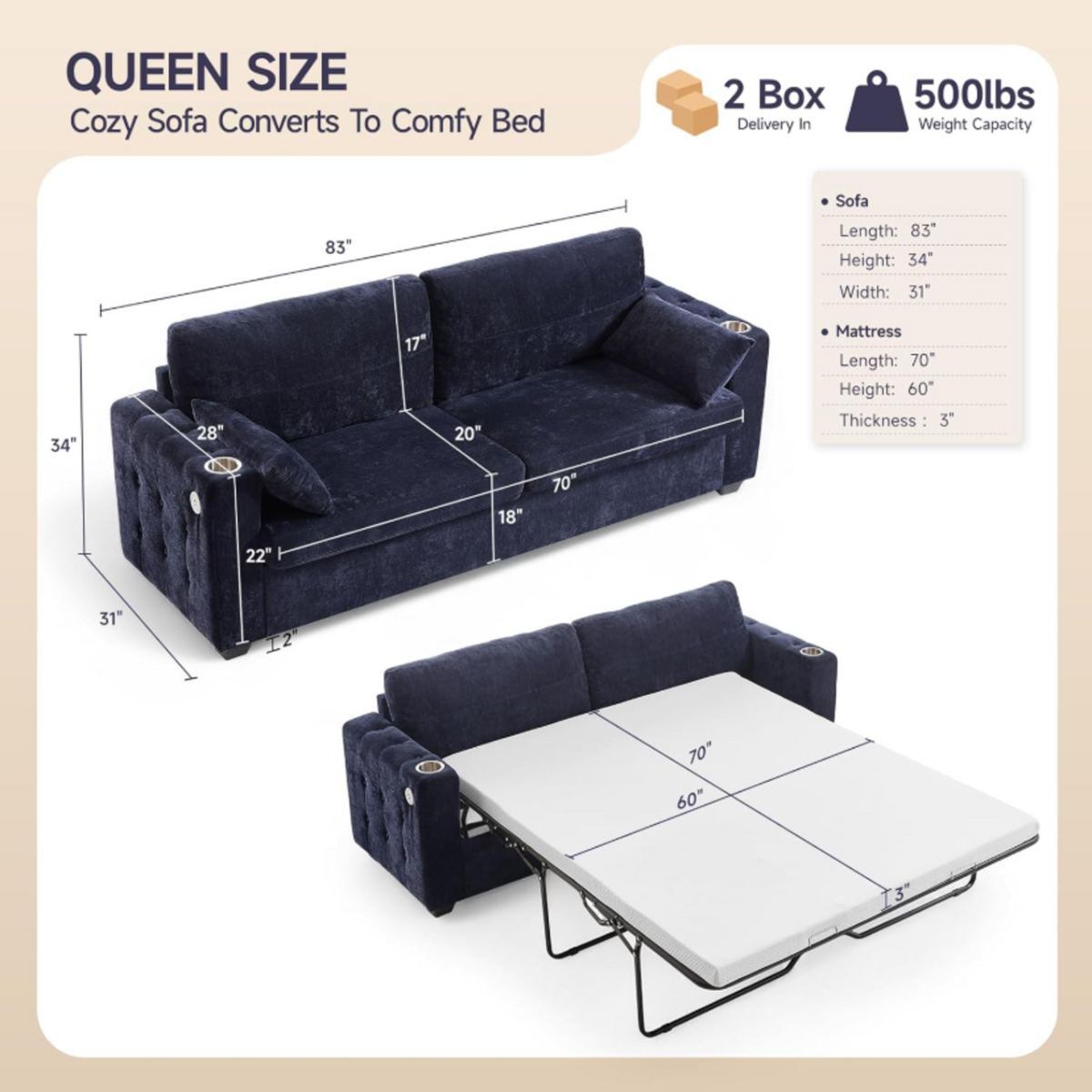 83-Inch Queen Pull-Out Sofa Bed with Memory Foam Mattress