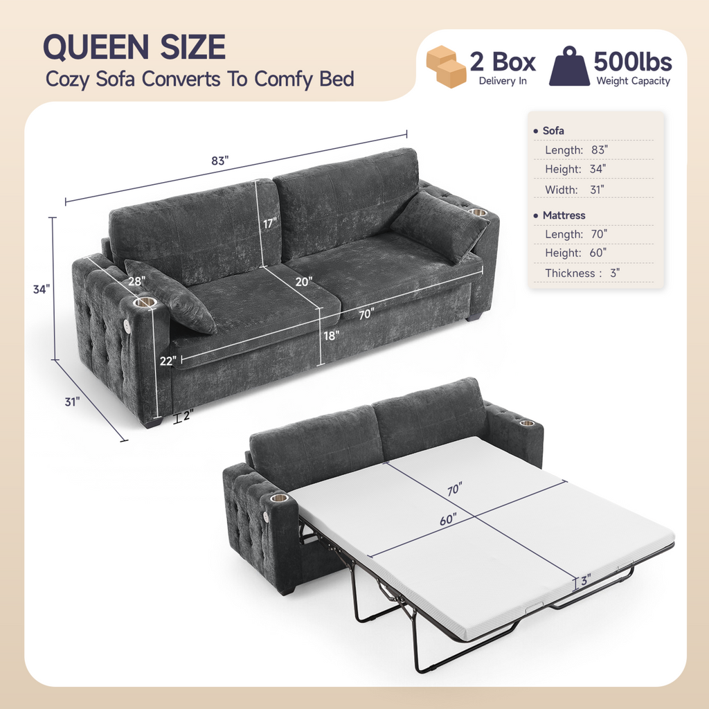 83-Inch Queen Pull-Out Sofa Bed with Memory Foam Mattress