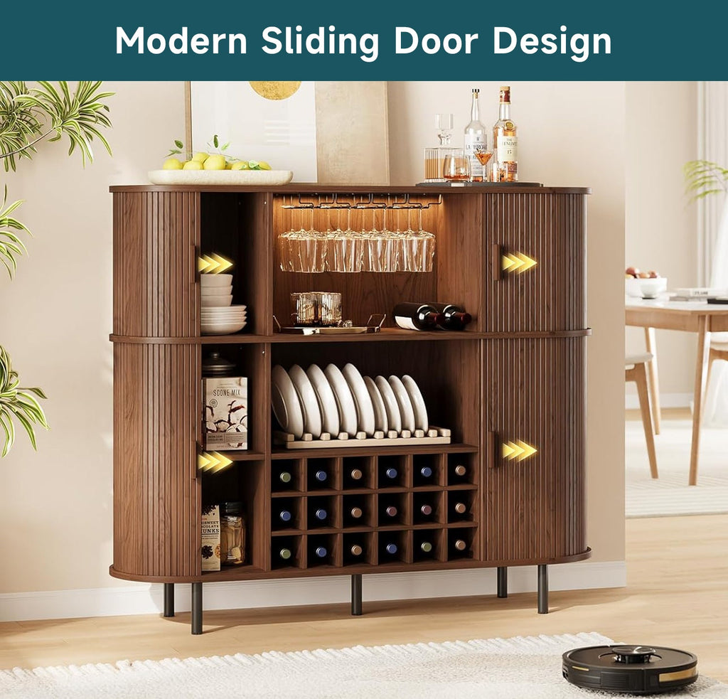 Wine Bar Cabinet with LED Lights and Charging Station