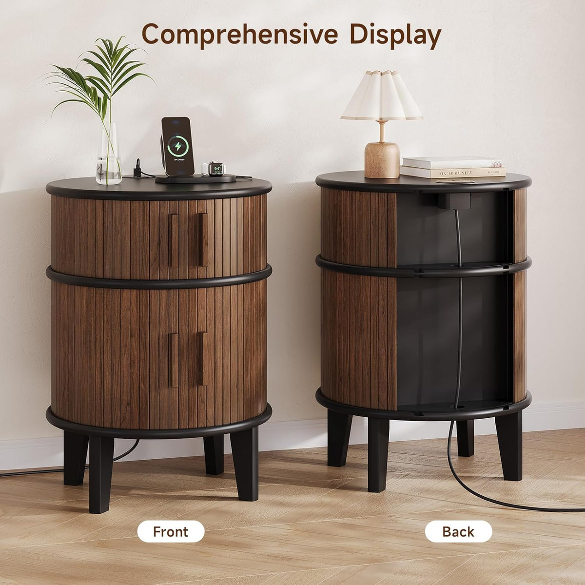 Round End Table Nightstand with Charging Station