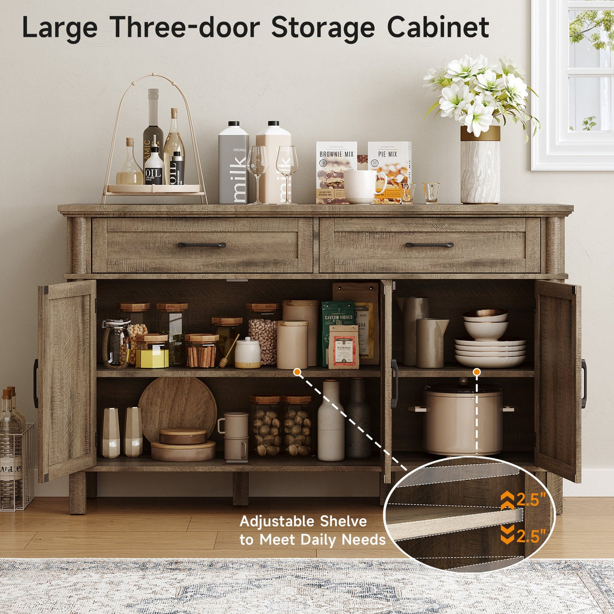 Wood Buffet Sideboard with 2 Drawers and 3 Doors