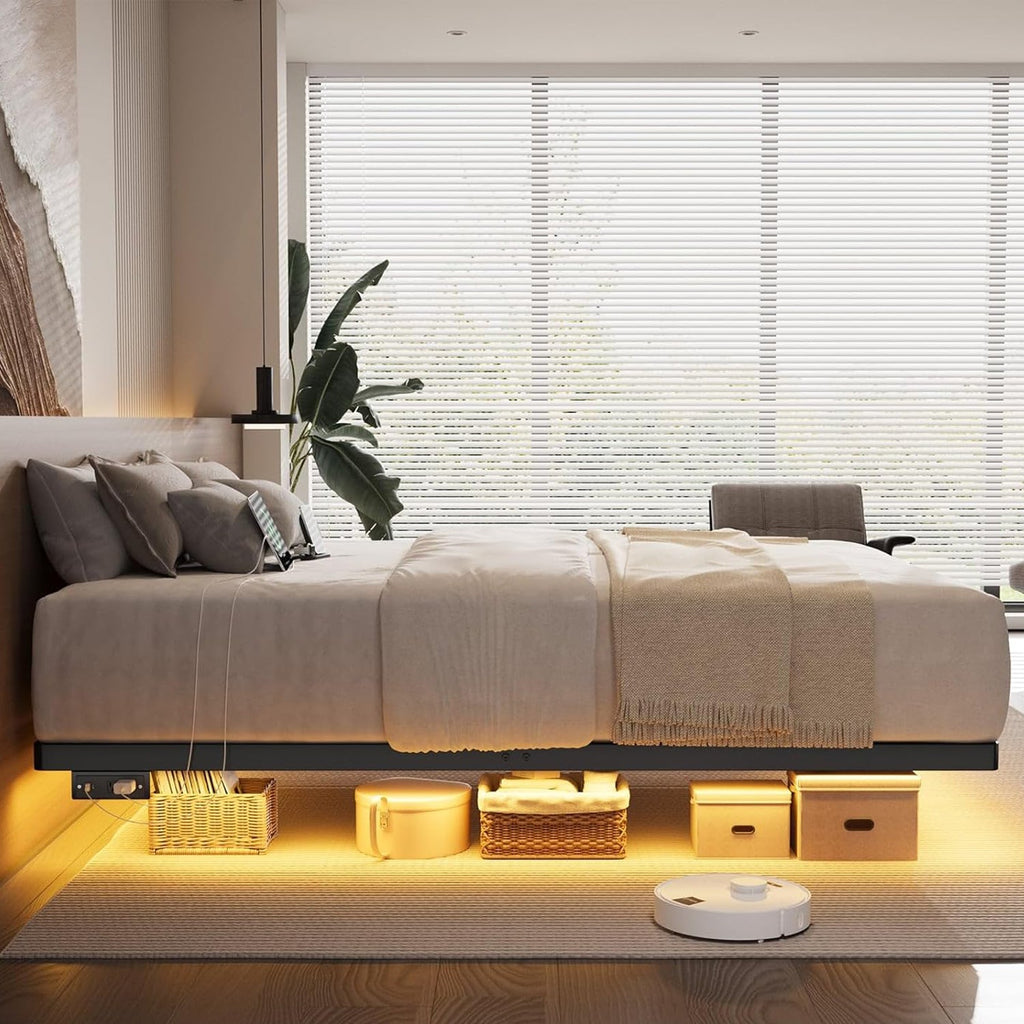 Floating Metal Platform Bed Frame with LED Lights