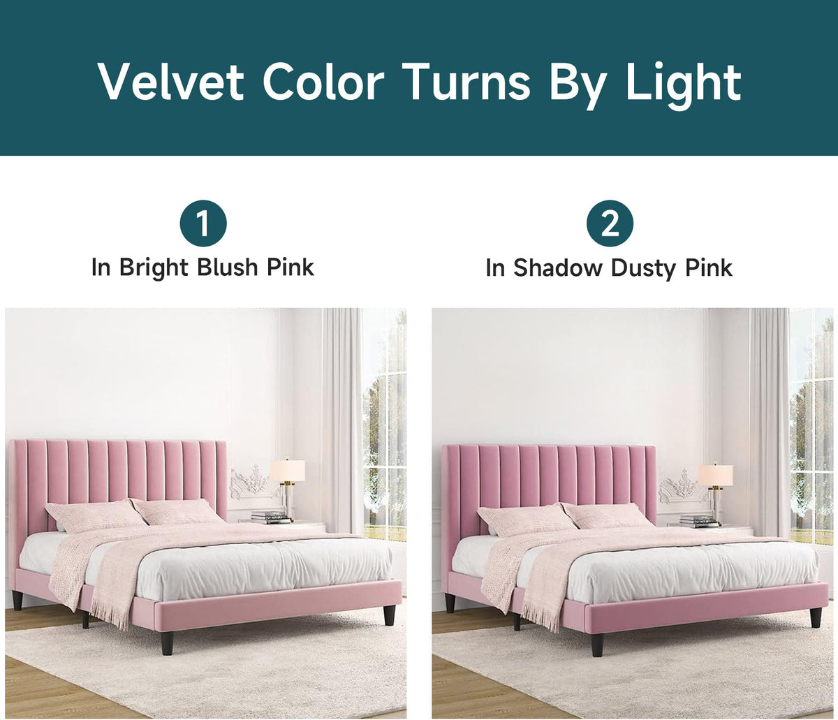 Velvet Upholstered Bed Frame with Tufted Headboard