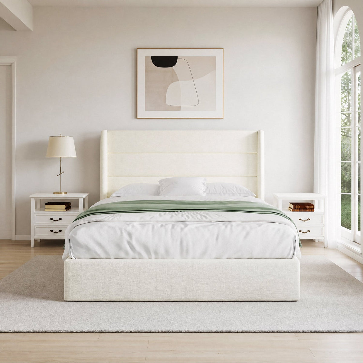 Chenille Lift Up Storage Bed with Wingback Headboard