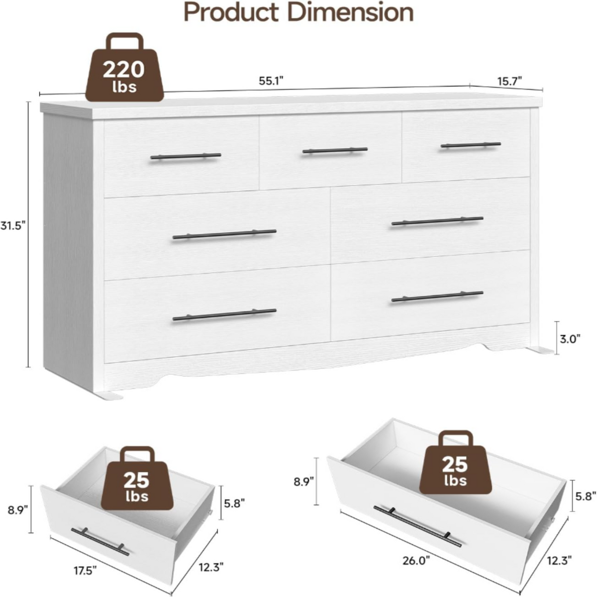55 Inch 7 Drawer Dresser with Metal Handles