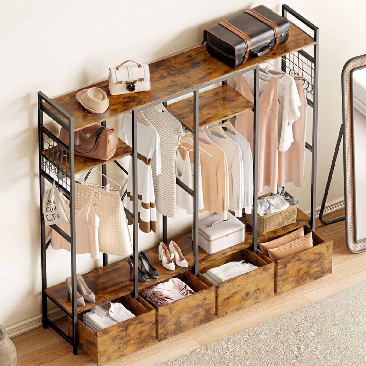 Industrial Garment Rack with 4 Wooden Drawers