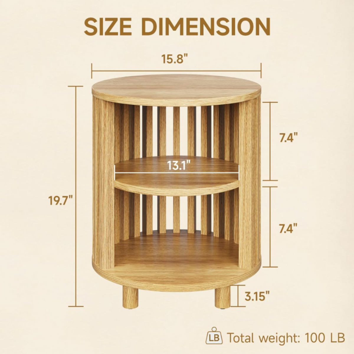 Round Side Table with 3 Storage Shelves