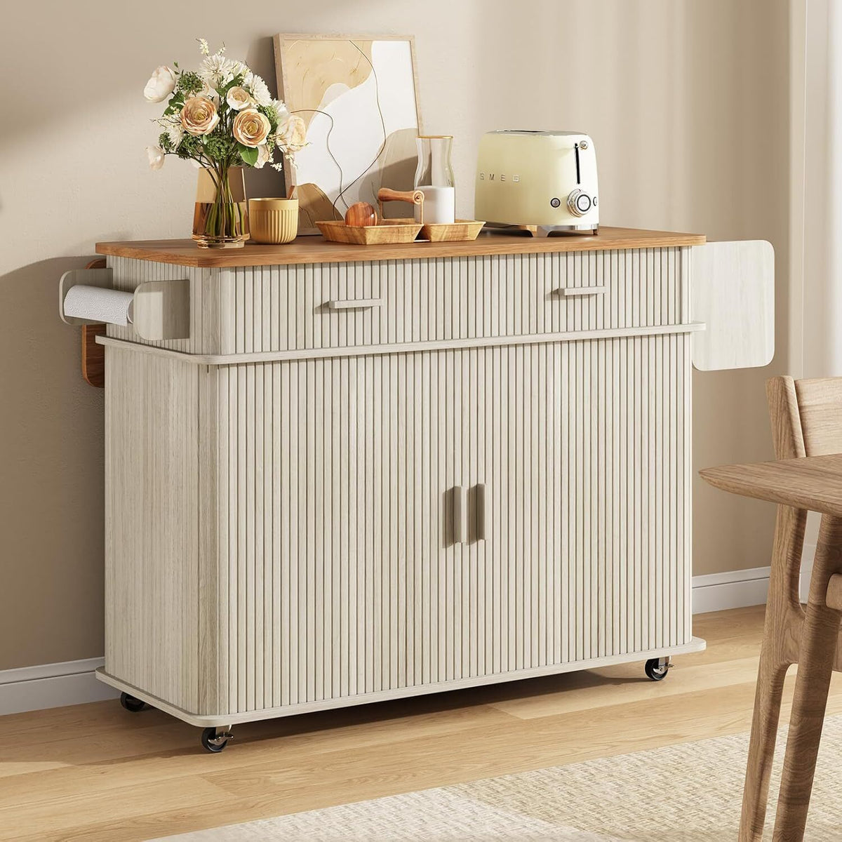 56 Inch Rolling Kitchen Island with Drop Leaf