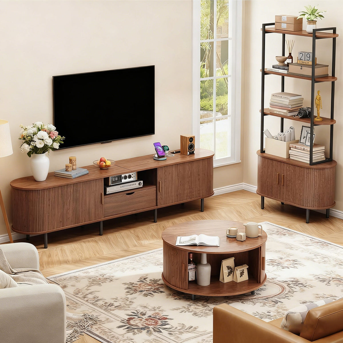 86 Inch TV Stand with Sliding Doors and Charging Station