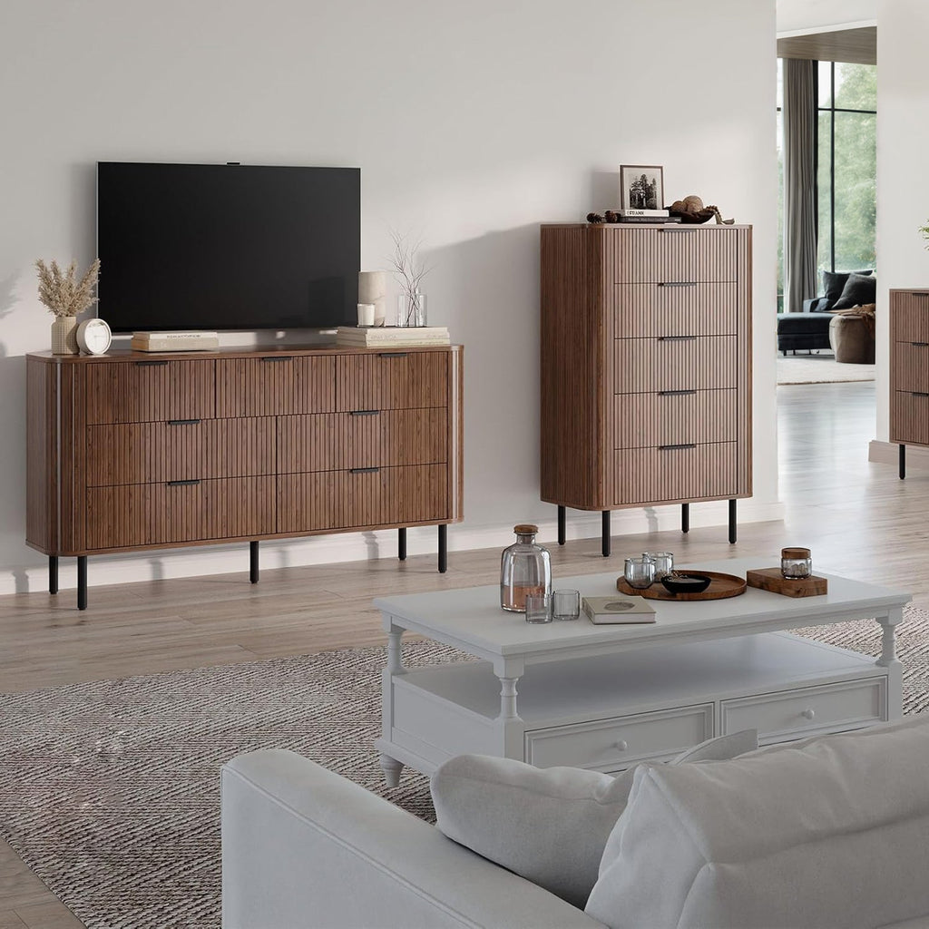 7-Drawer 60-Inch Fluted Dresser with Metal Handles