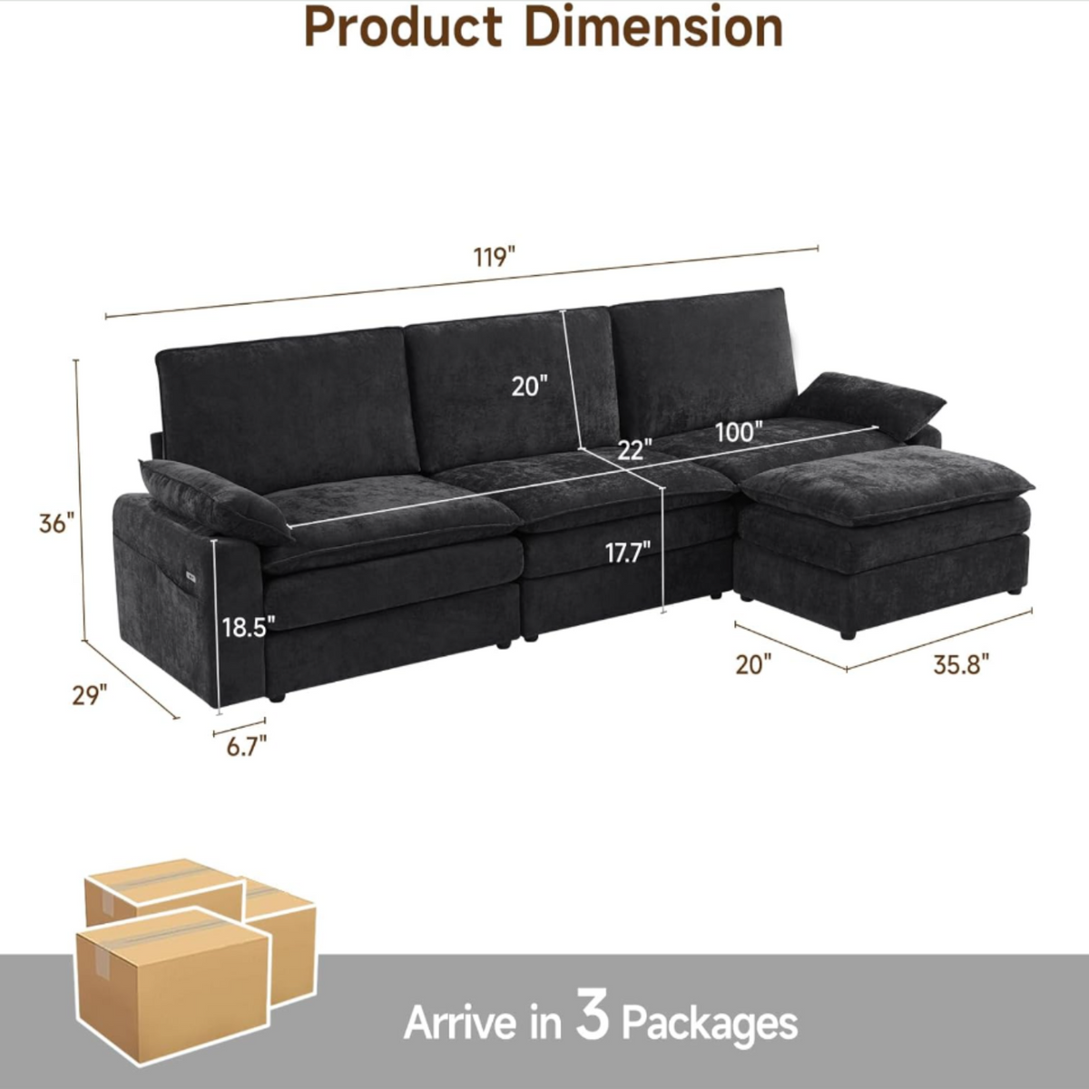 119 Inch Modular L-Shaped Chenille Sectional Sofa