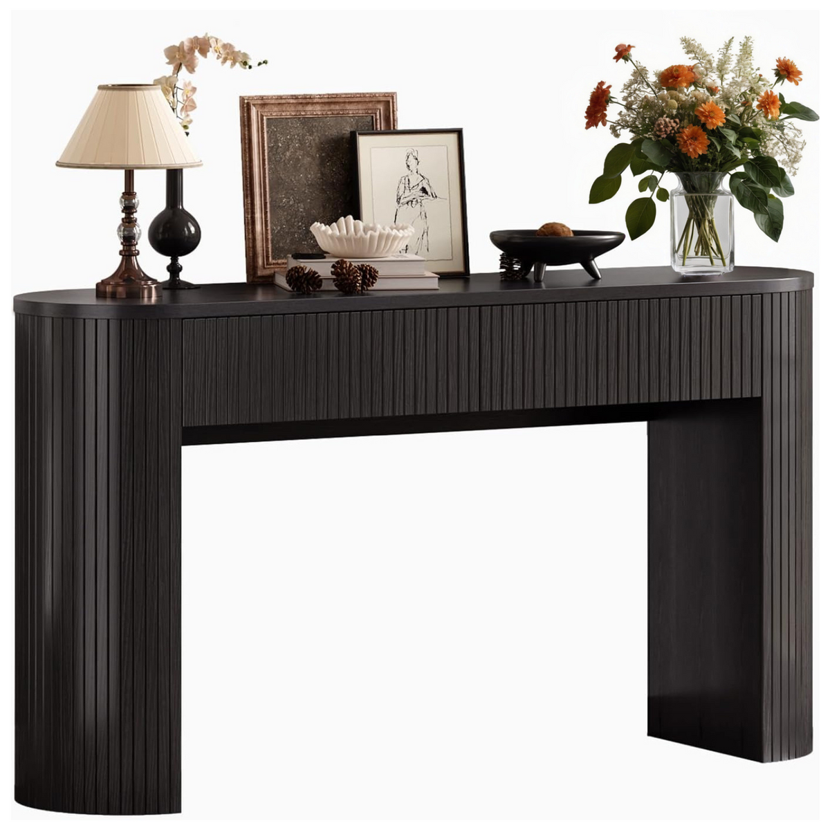 55-Inch Fluted Oval Console Table with 2 Drawers