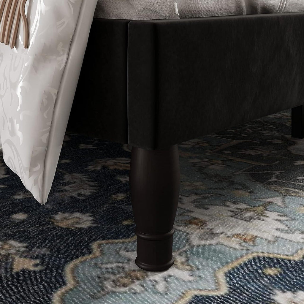 Button Tufted Velvet Platform Bed, Adjustable Headboard