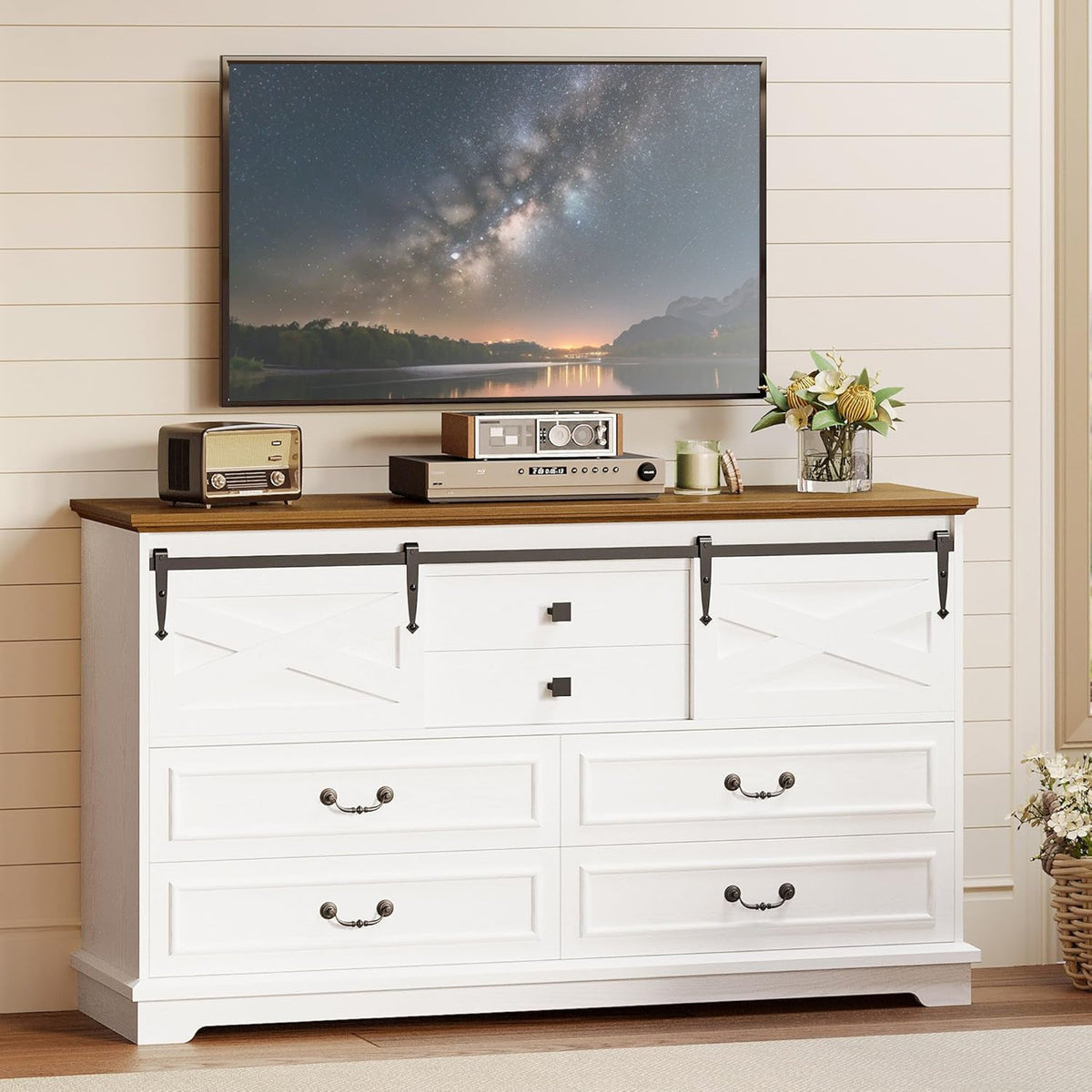 55.1 Inch Farmhouse 6 Drawer Dresser