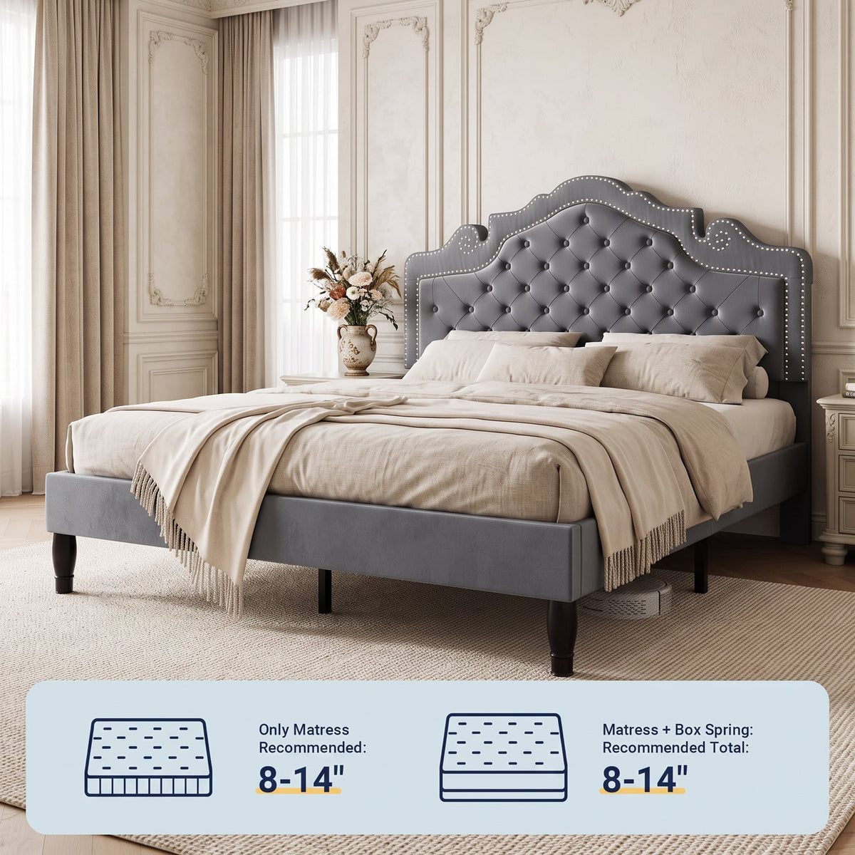 Button Tufted Velvet Platform Bed, Adjustable Headboard