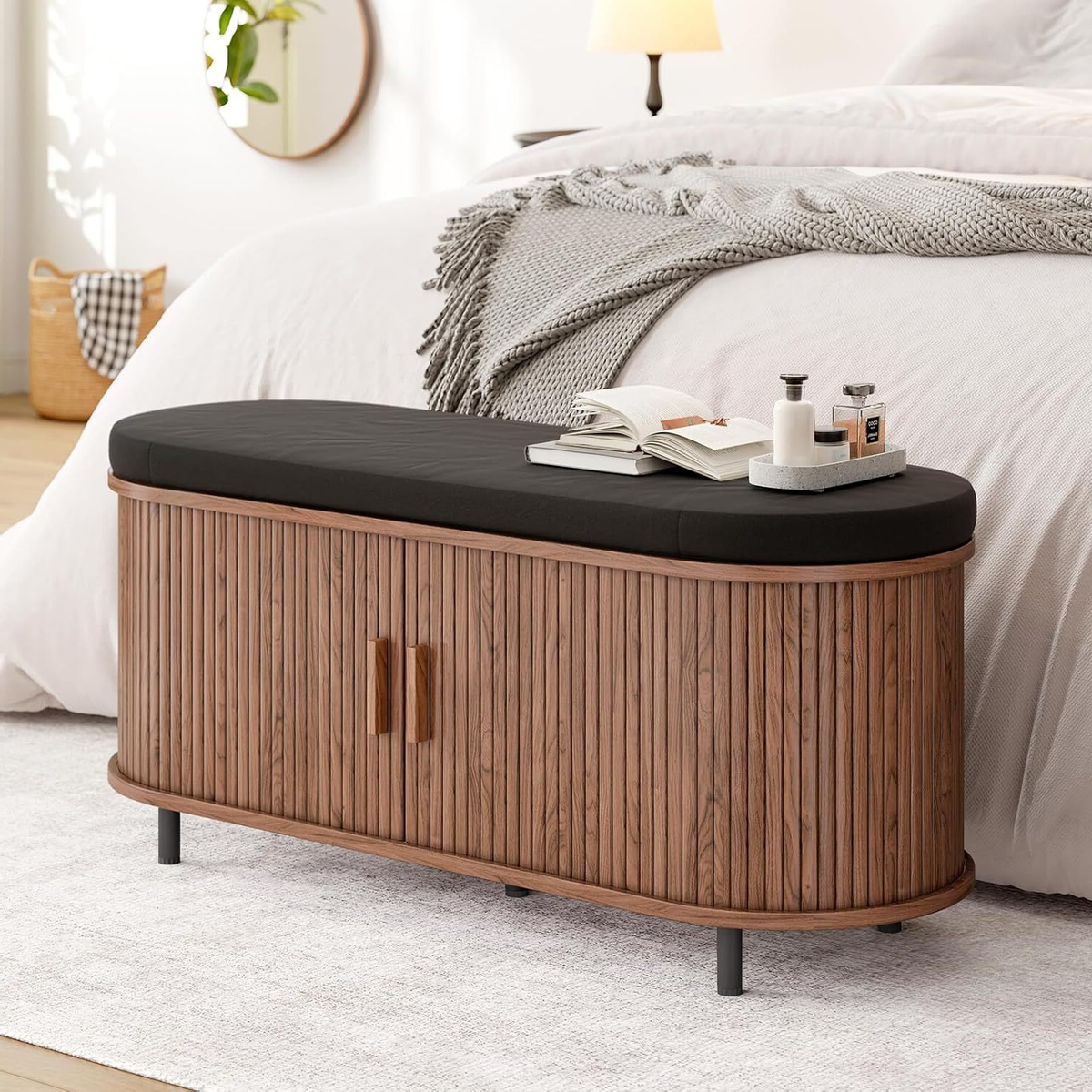 43-Inch Shoe Storage Bench with Cushion and Sliding Door