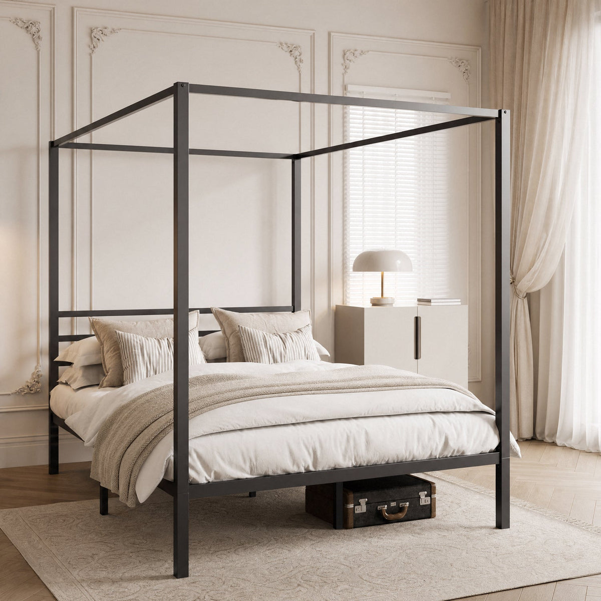 Canopy Bed Frame with Heavy-Duty Metal Slats