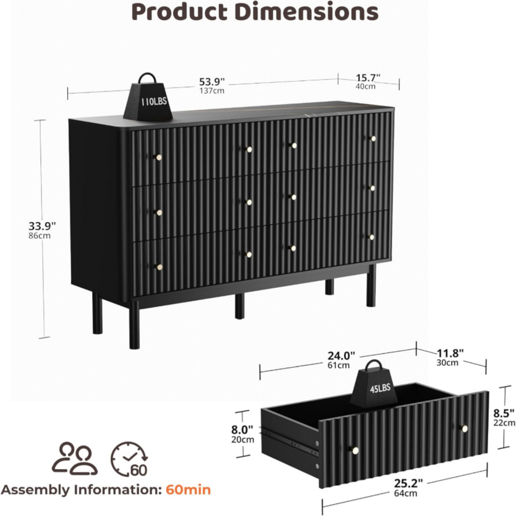 6-Drawer 54-Inch Fluted Dresser with Faux Marble Top