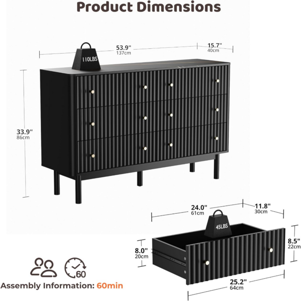 6-Drawer 54-Inch Fluted Dresser with Faux Marble Top