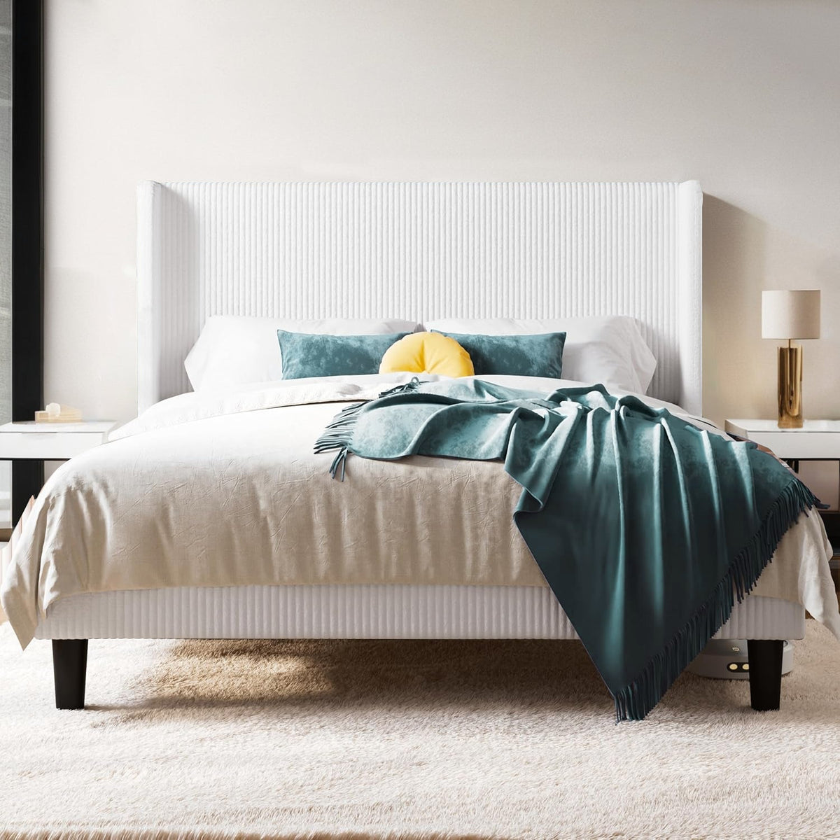 Corduroy Velvet Upholstered Bed with Wingback Headboard