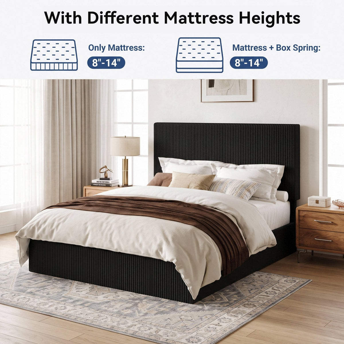 Corduroy Platform Bed Frame with Channel Tufted Headboard