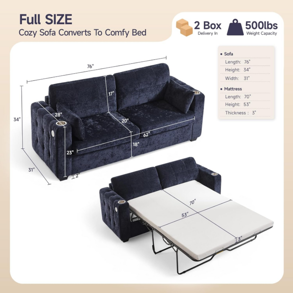 76-Inch Full Size Pull-Out Sofa Bed with USB Port