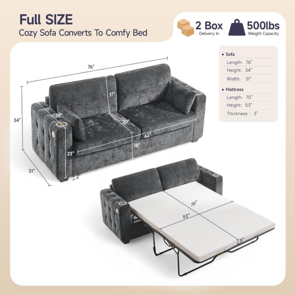 76-Inch Full Size Pull-Out Sofa Bed with USB Port