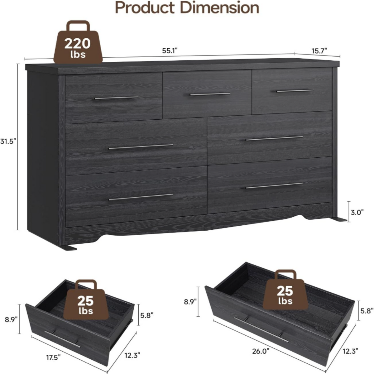 55 Inch 7 Drawer Dresser with Metal Handles
