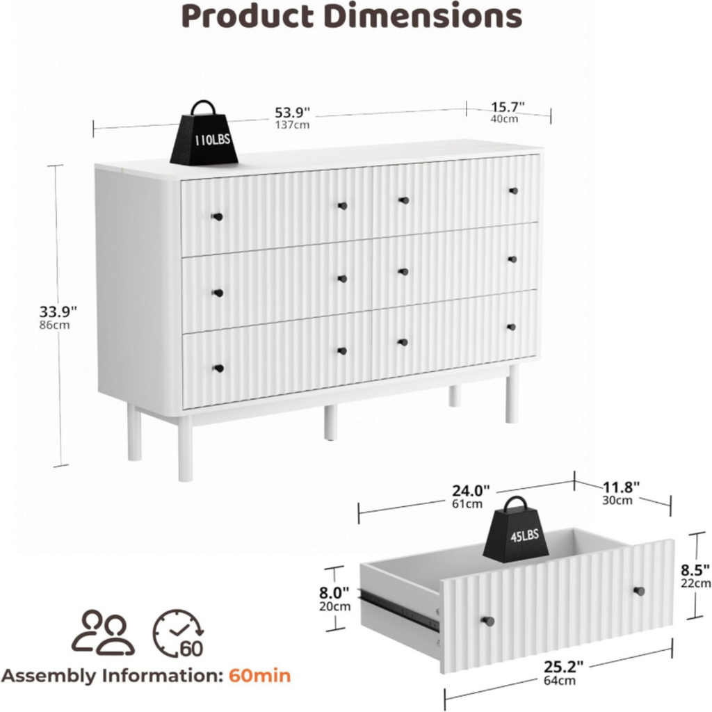 6-Drawer 54-Inch Fluted Dresser with Faux Marble Top