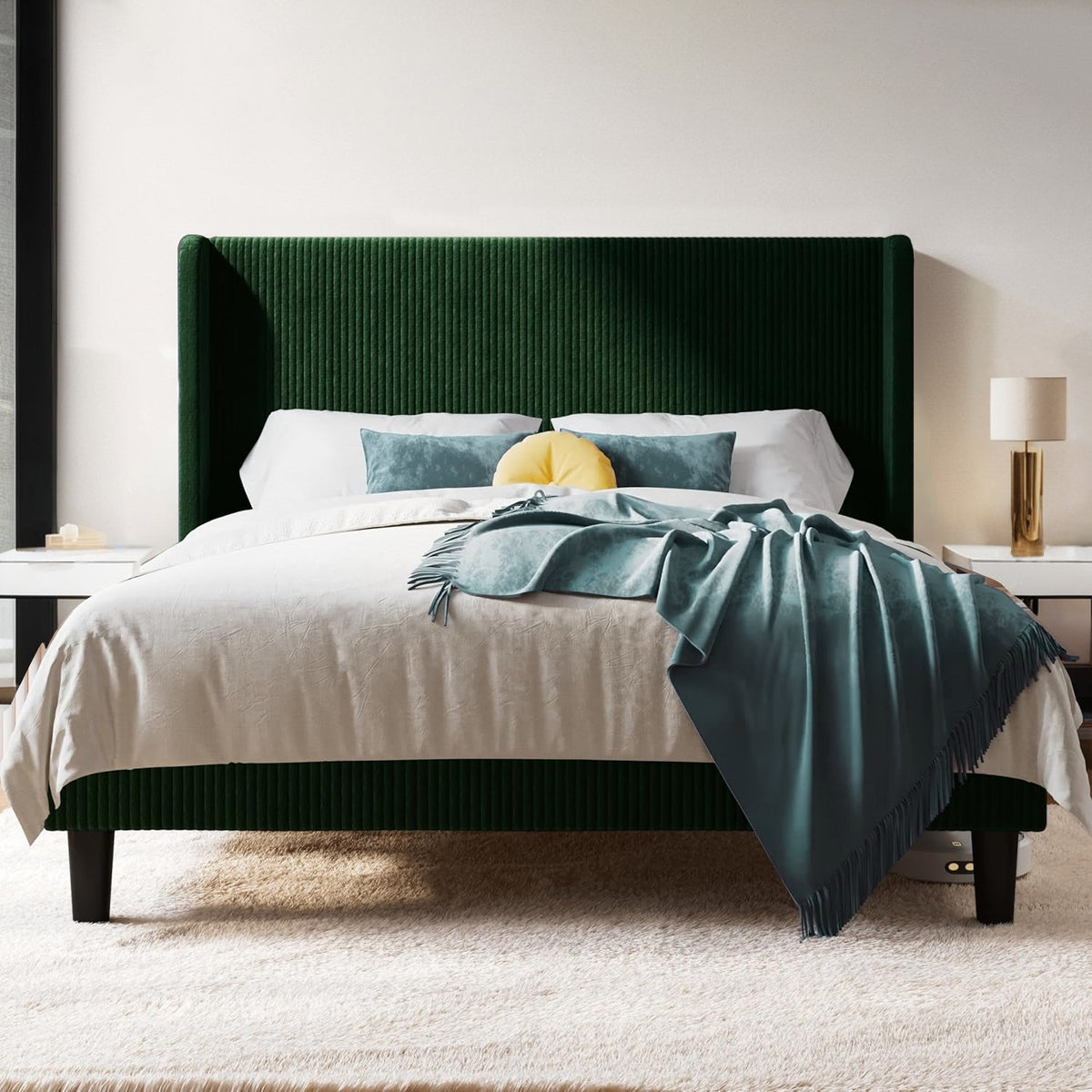 Corduroy Velvet Upholstered Bed with Wingback Headboard