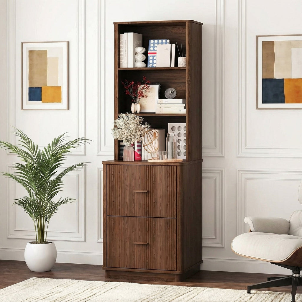 71 in Tall Fluted Bookcase with File Drawers