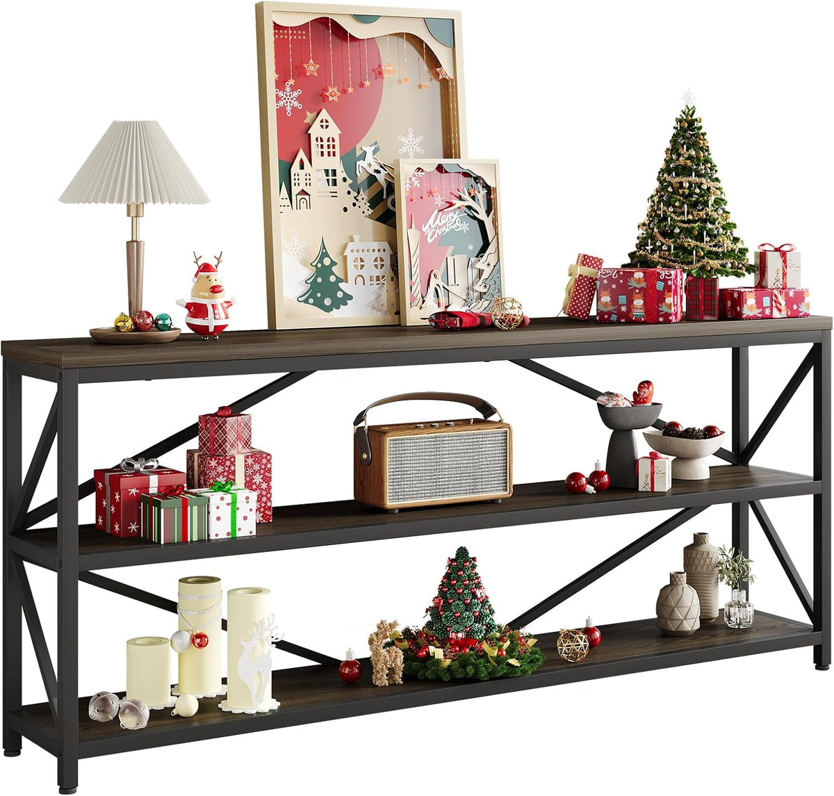 70.8 Inch Industrial Console Table with 3-Tier Shelf