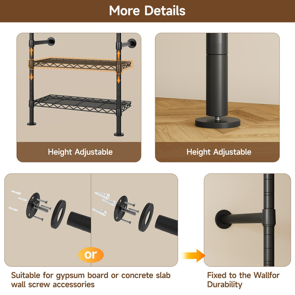 Wall Mounted Closet System with 4 Rods and 8 Shelves