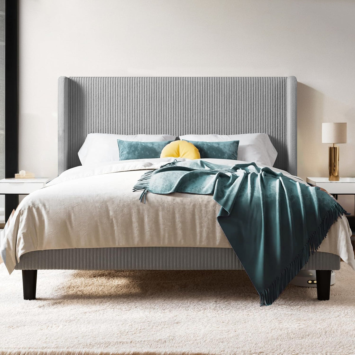 Corduroy Velvet Upholstered Bed with Wingback Headboard