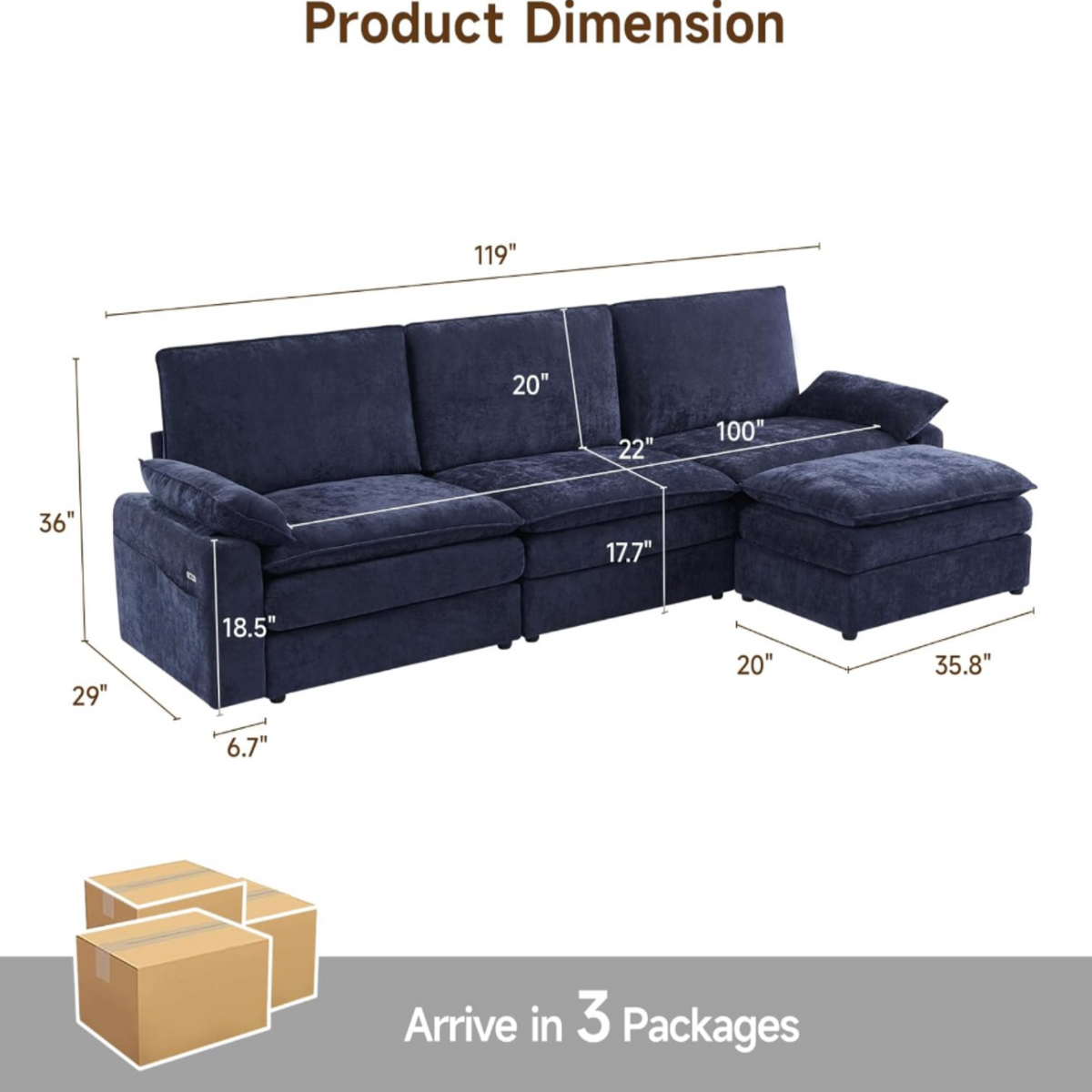 119 Inch Modular L-Shaped Chenille Sectional Sofa