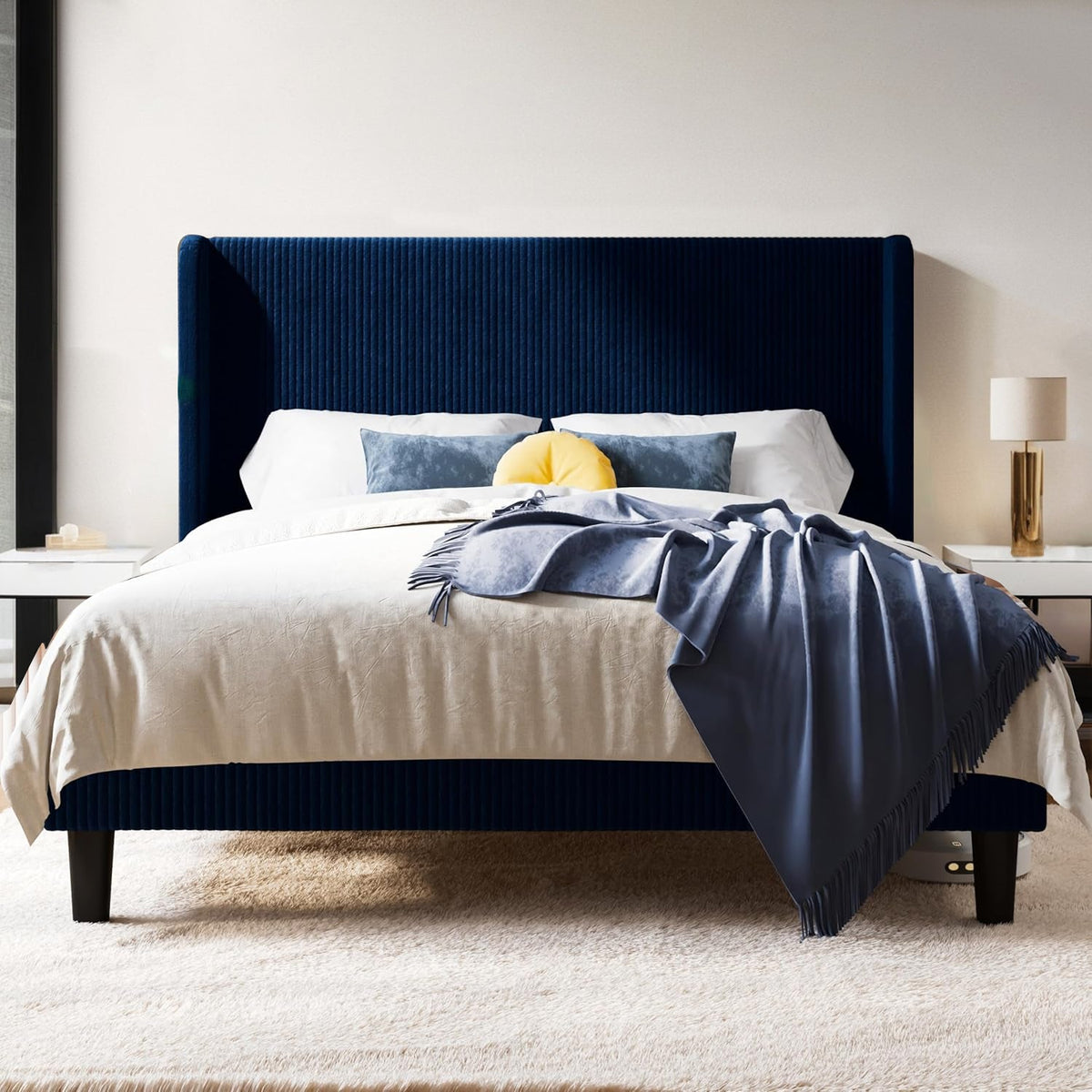 Corduroy Velvet Upholstered Bed with Wingback Headboard