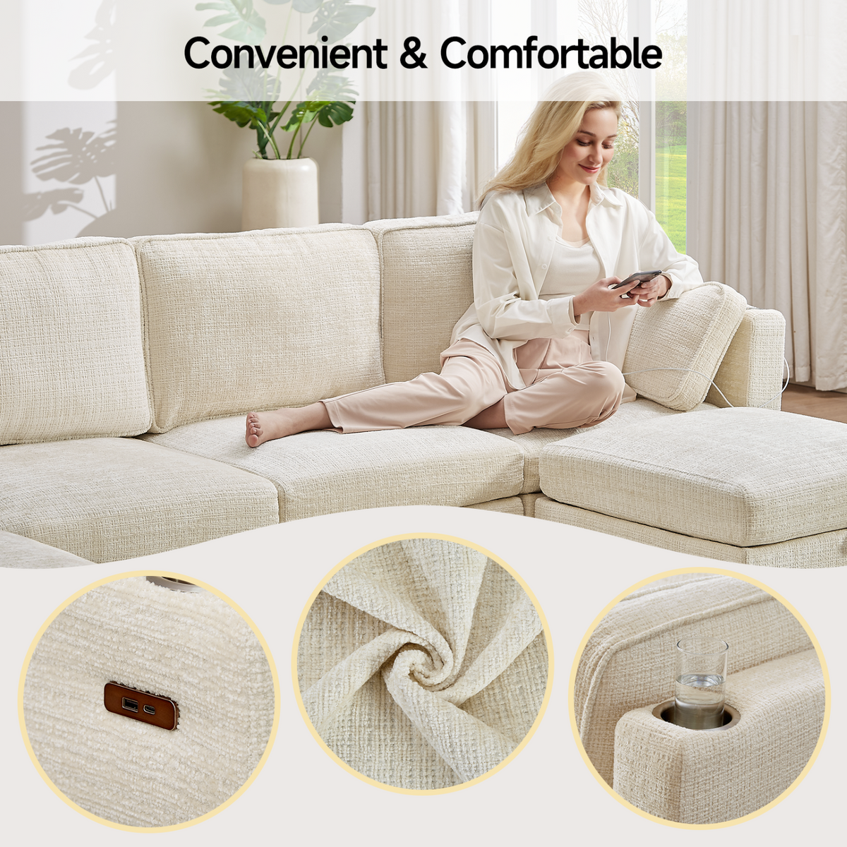 110 Inch U-Shaped Modular Chenille Sleeper Sectional
