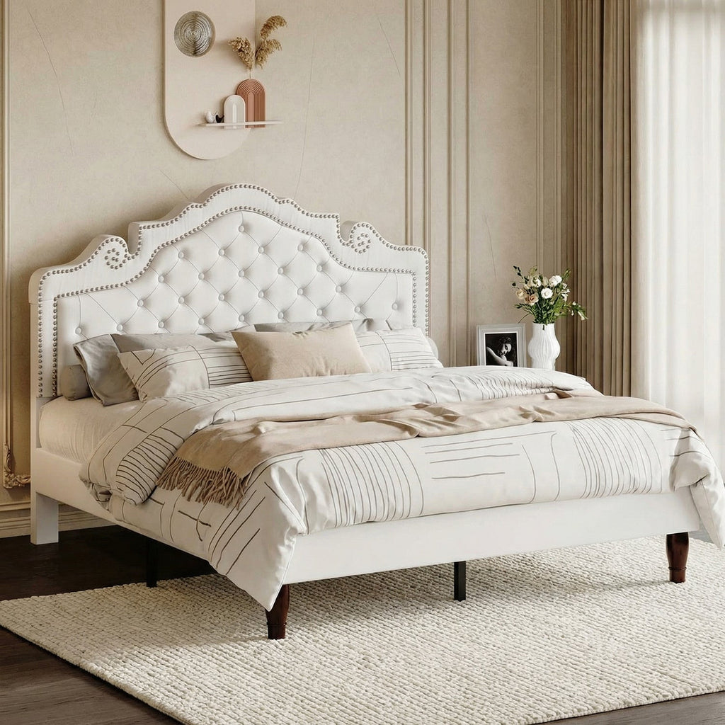 Button Tufted Velvet Platform Bed, Adjustable Headboard