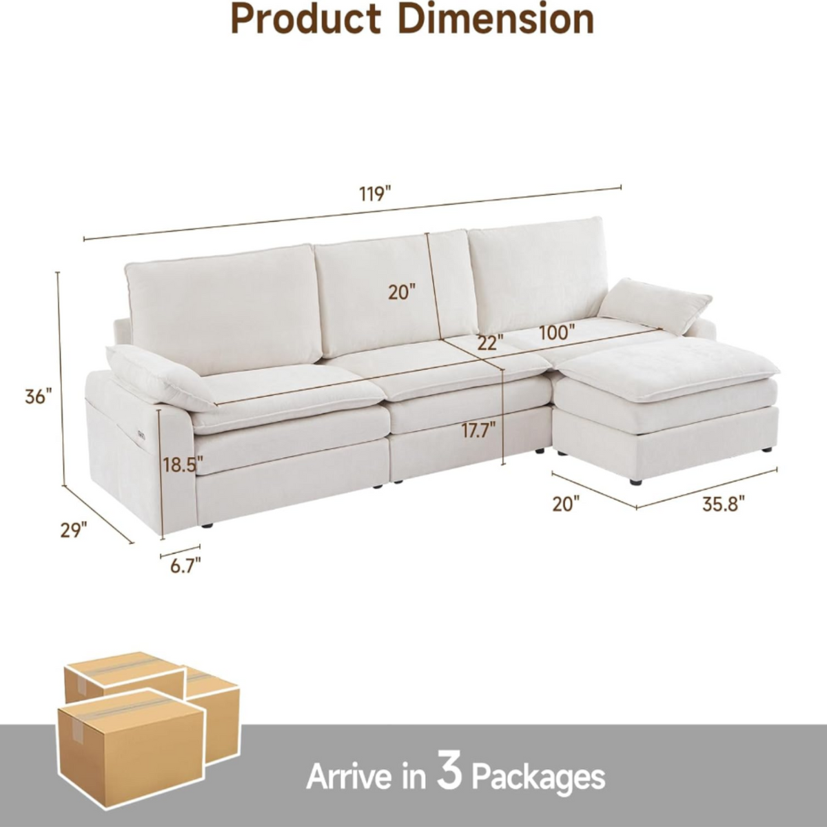 119 Inch Modular L-Shaped Chenille Sectional Sofa