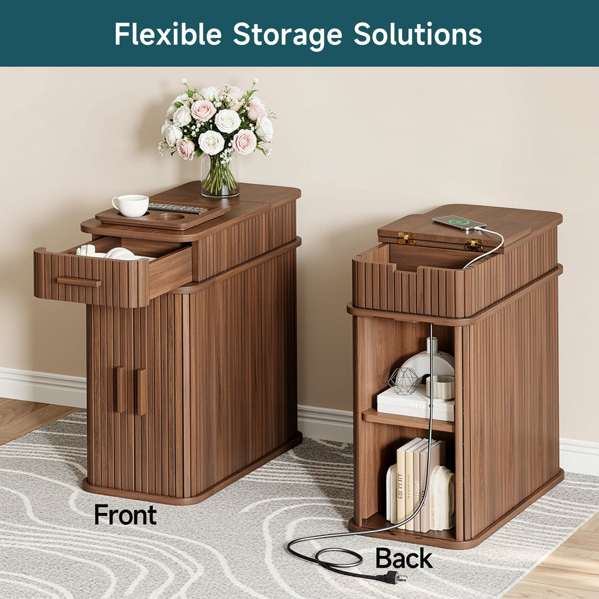 Narrow Flip Top Nightstand with Charging Station