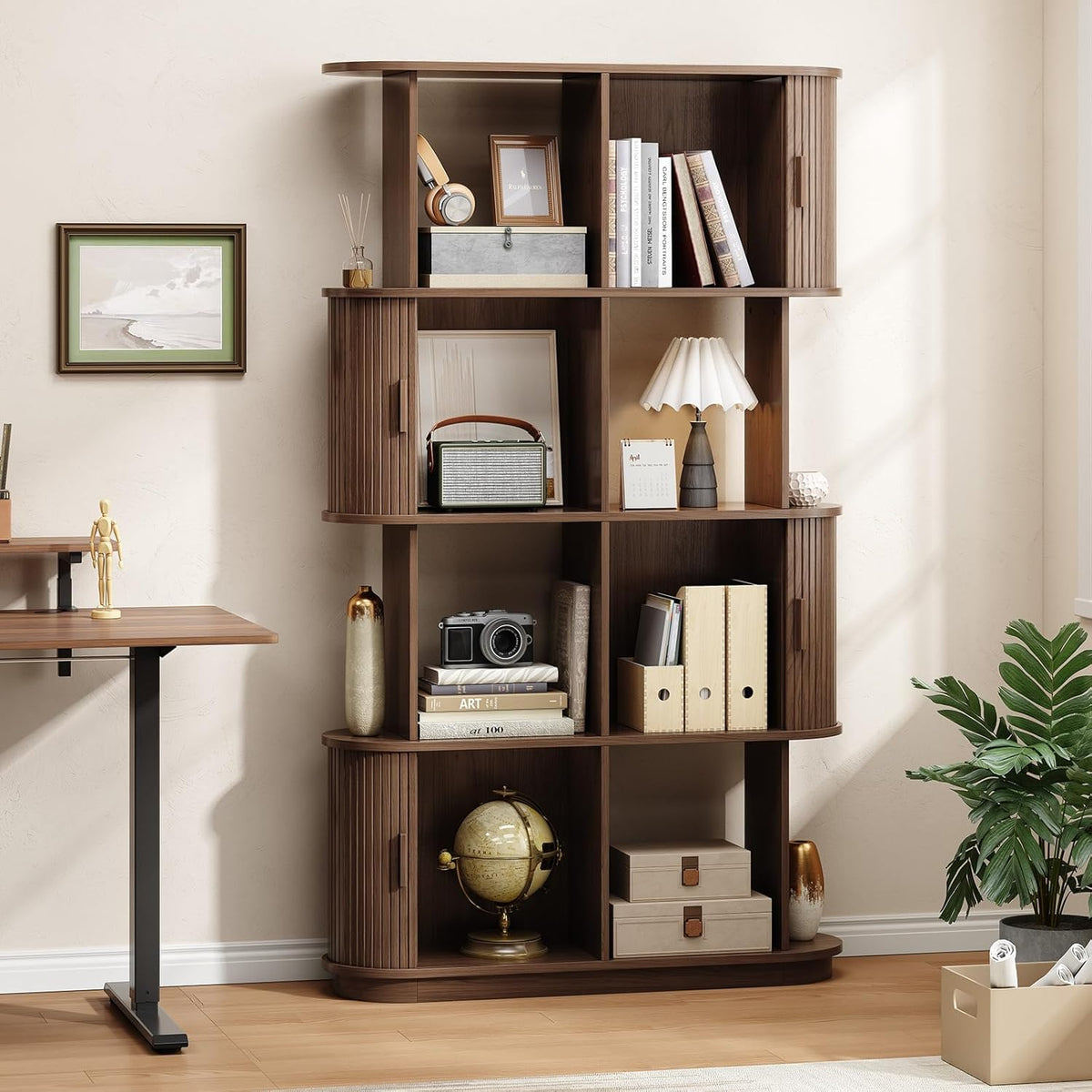 4-Tier Mid-Century Bookshelf with Sliding Door
