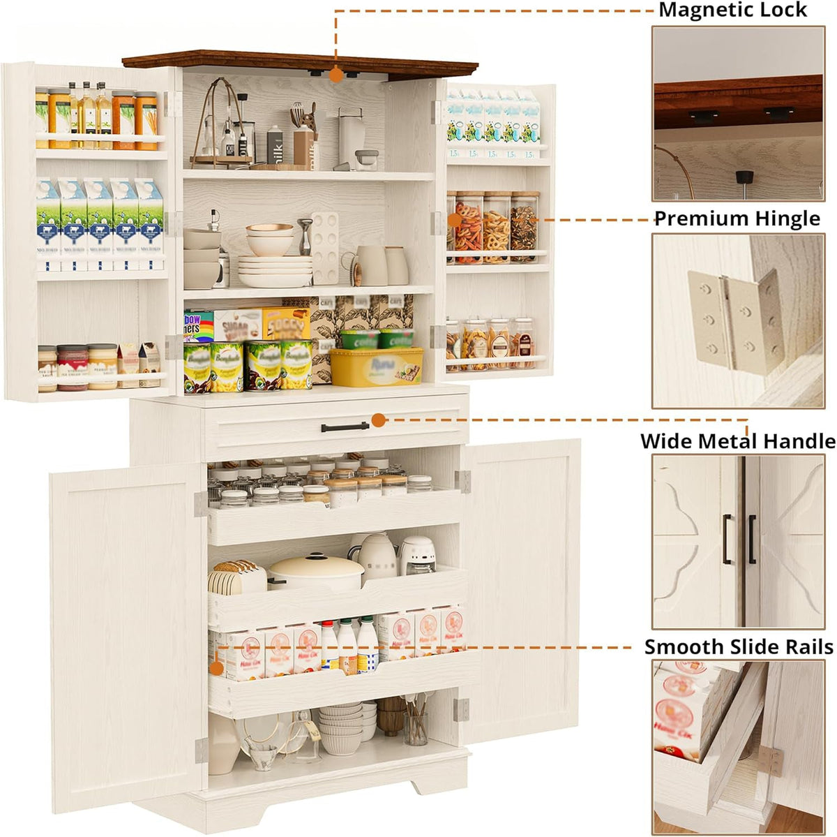 72 Inch Farmhouse Kitchen Pantry with 6 Hanging Shelves