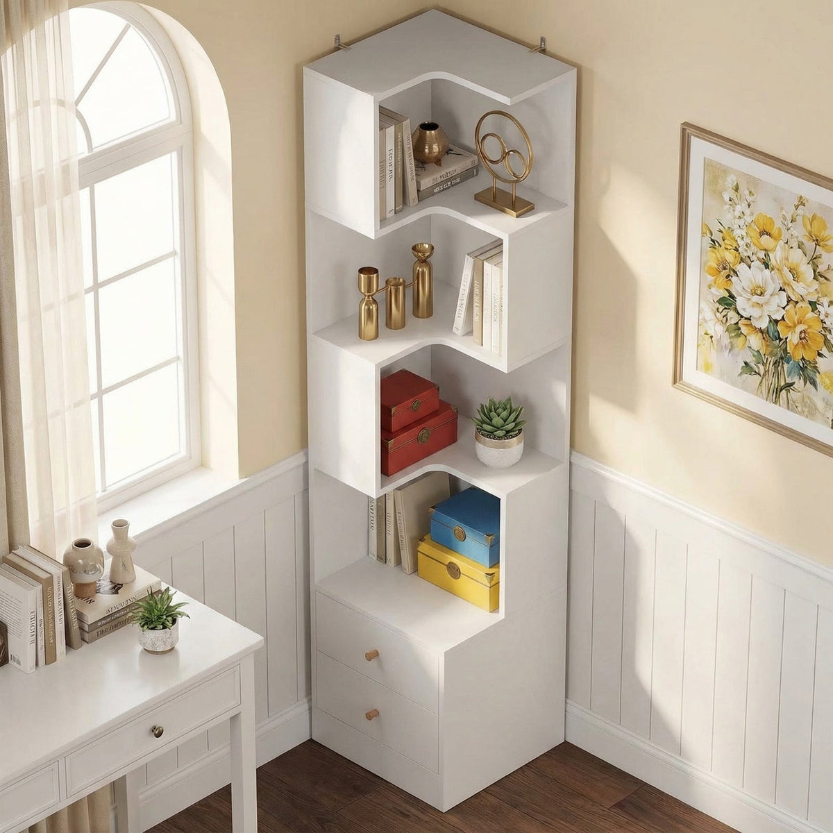 70.87 Inch Tall Corner Bookshelf with Drawers