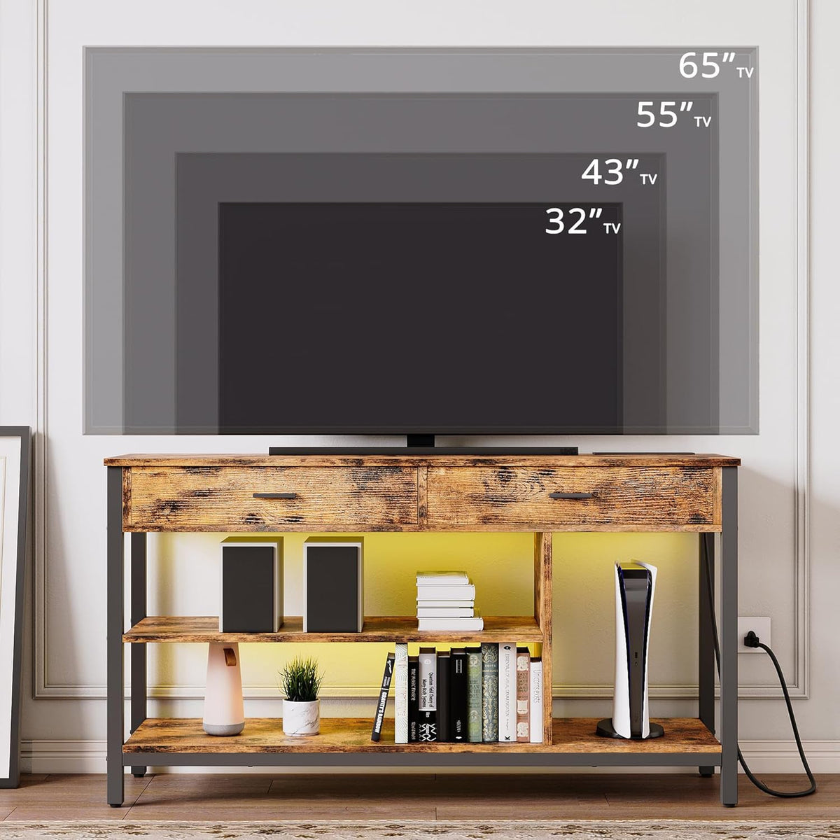 Industrial TV Stand with LED Lights and Outlets