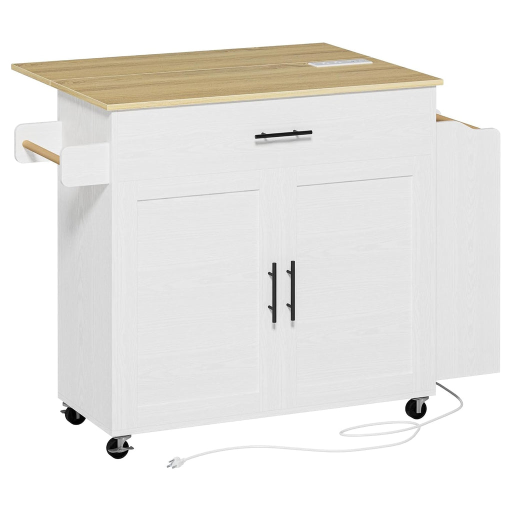 Rolling Kitchen Island with Drop Leaf and Outlet