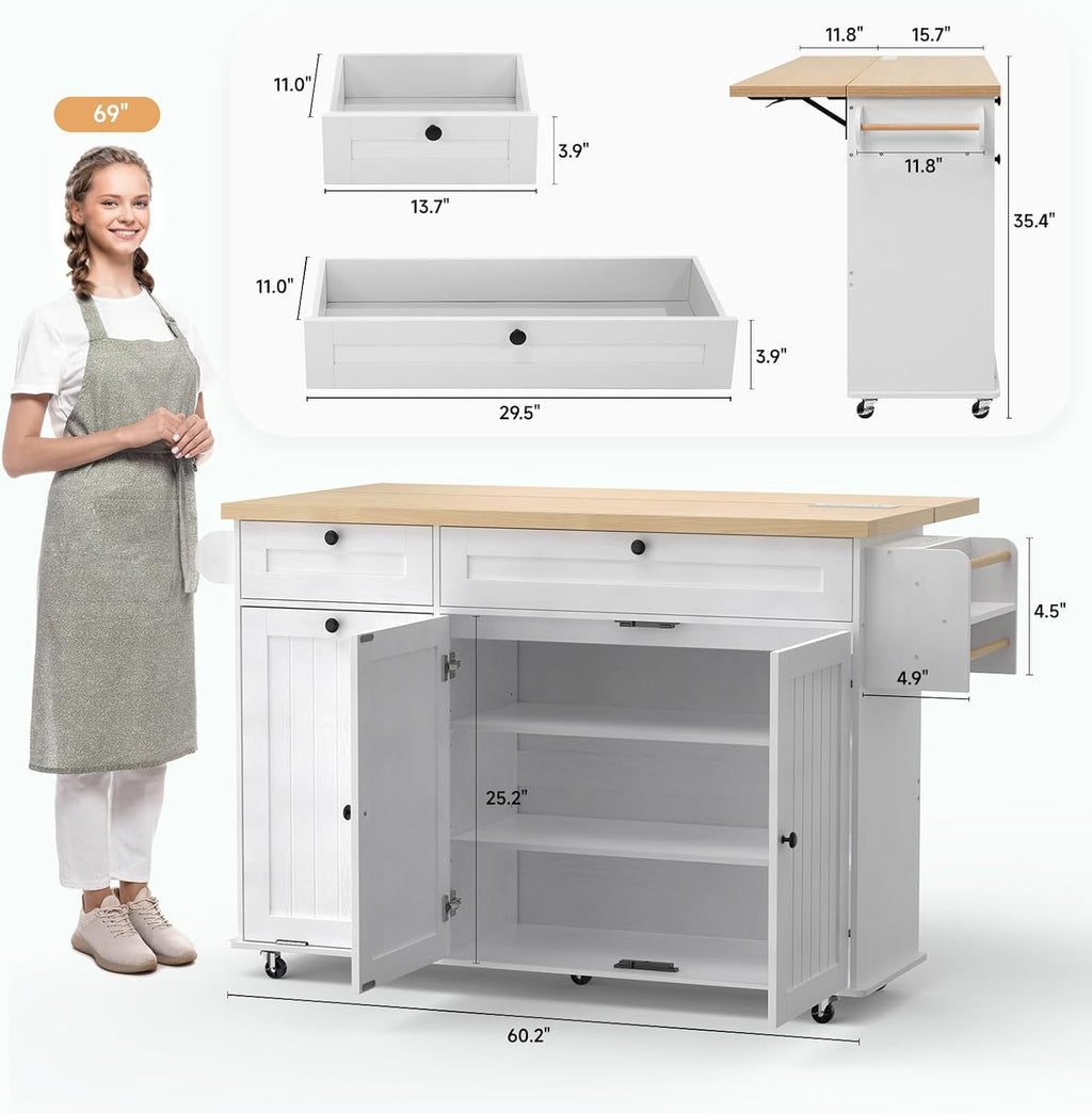 Kitchen Island Cart with Trash Can Storage on Wheels