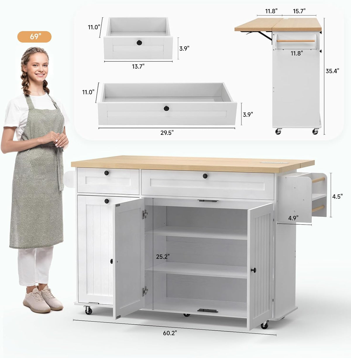 Kitchen Island Cart with Trash Can Storage on Wheels