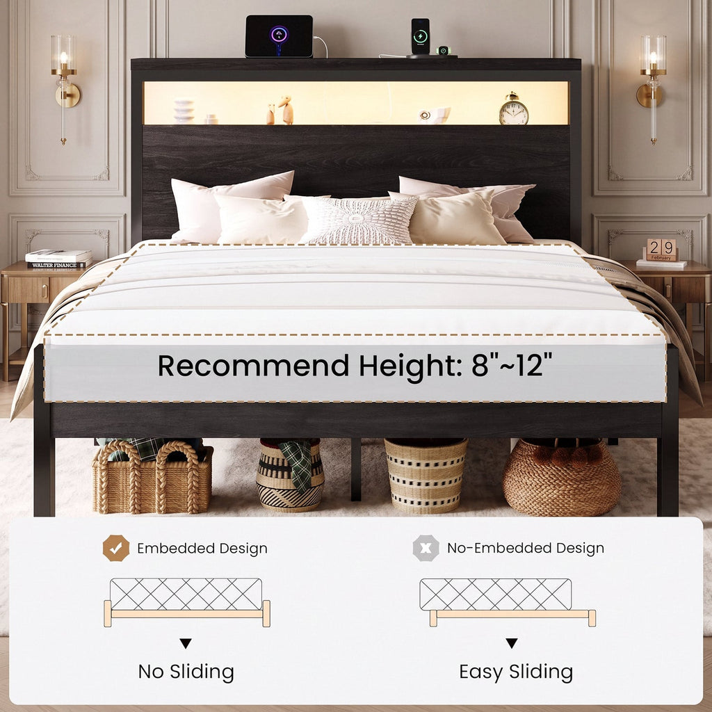 Wood and Metal Platform Bed with LED Storage Headboard