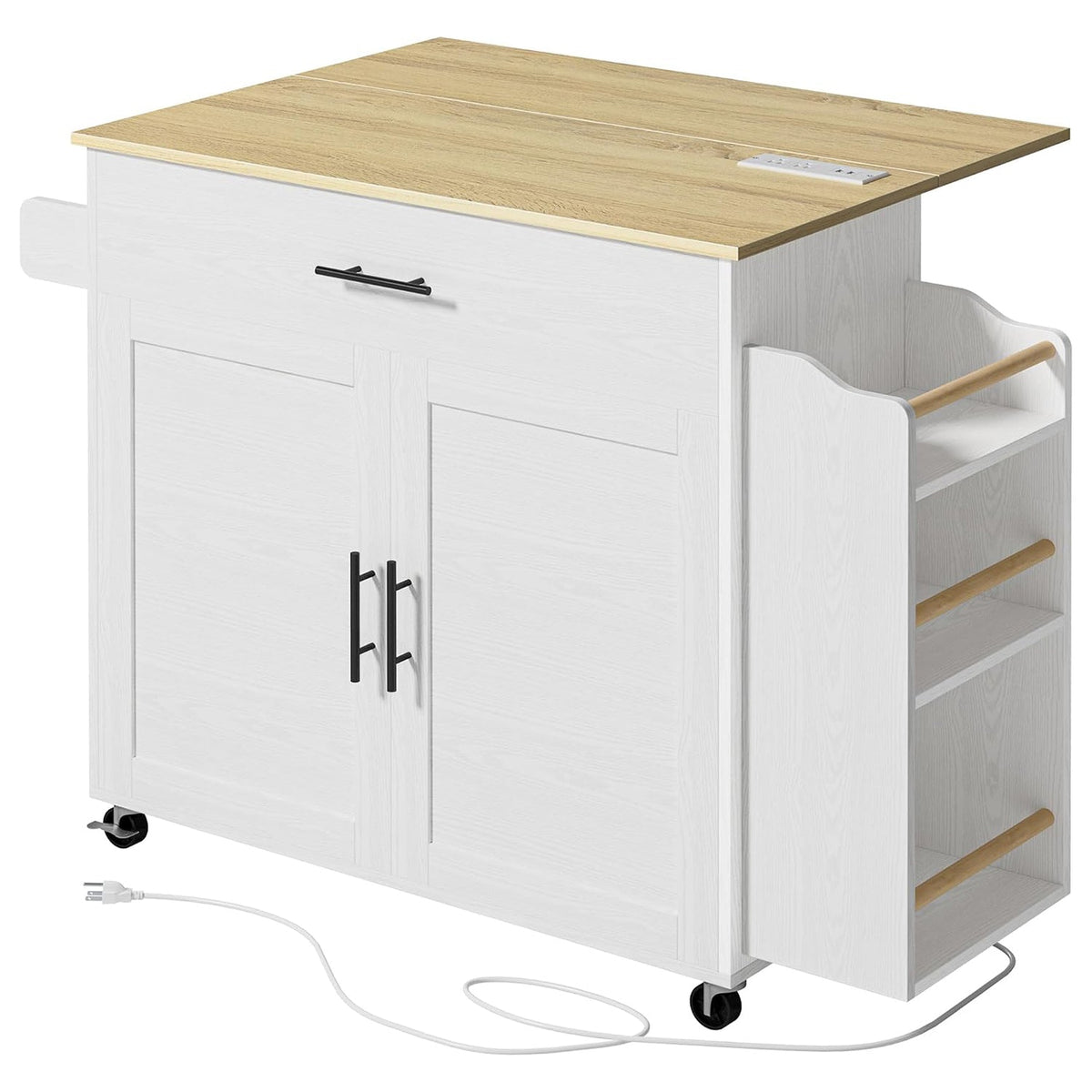 Rolling Kitchen Island with Drop Leaf and Outlet
